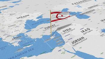 del Norte Chipre bandera ondulación con el mundo mapa, sin costura lazo en viento, 3d representación video