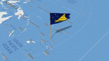 tokelau Inseln Flagge winken mit das Welt Karte, nahtlos Schleife im Wind, 3d Rendern video