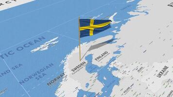 Sweden Flag Waving with The World Map, Seamless Loop in Wind, 3D Rendering video