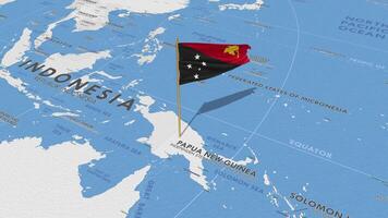 Papuasia nuevo Guinea bandera ondulación con el mundo mapa, sin costura lazo en viento, 3d representación video