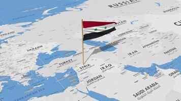 Siria bandera ondulación con el mundo mapa, sin costura lazo en viento, 3d representación video