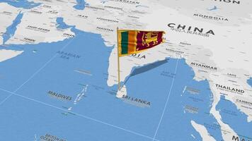 sri lanka bandiera agitando con il mondo carta geografica, senza soluzione di continuità ciclo continuo nel vento, 3d interpretazione video