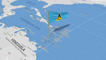 helgon lucia flagga vinka med de värld Karta, sömlös slinga i vind, 3d tolkning video