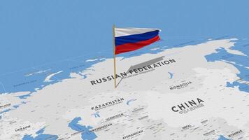 Russie drapeau agitant avec le monde carte, sans couture boucle dans vent, 3d le rendu video