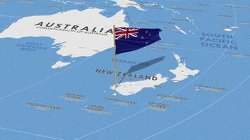 New Zealand Flag Waving with The World Map, Seamless Loop in Wind, 3D Rendering video