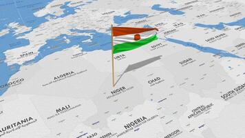 Níger bandeira acenando com a mundo mapa, desatado ciclo dentro vento, 3d Renderização video