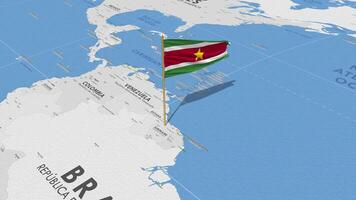 Suriname vlag golvend met de wereld kaart, naadloos lus in wind, 3d renderen video