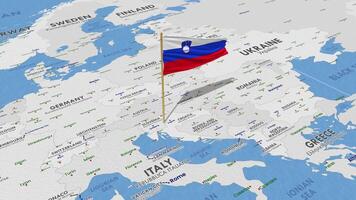 Slovenia Flag Waving with The World Map, Seamless Loop in Wind, 3D Rendering video