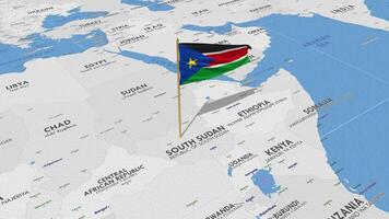 South Sudan Flag Waving with The World Map, Seamless Loop in Wind, 3D Rendering video