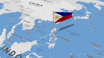 philippines drapeau agitant avec le monde carte, sans couture boucle dans vent, 3d le rendu video