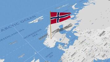 Noruega bandera ondulación con el mundo mapa, sin costura lazo en viento, 3d representación video