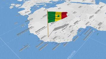 Sénégal drapeau agitant avec le monde carte, sans couture boucle dans vent, 3d le rendu video