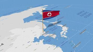 North Korea Flag Waving with The World Map, Seamless Loop in Wind, 3D Rendering video