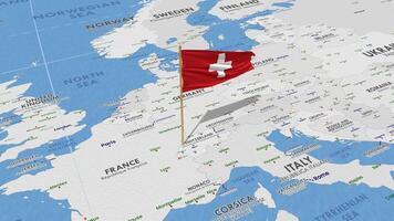 Suisse drapeau agitant avec le monde carte, sans couture boucle dans vent, 3d le rendu video