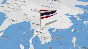 Tailandia bandera ondulación con el mundo mapa, sin costura lazo en viento, 3d representación video