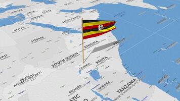 Uganda bandera ondulación con el mundo mapa, sin costura lazo en viento, 3d representación video