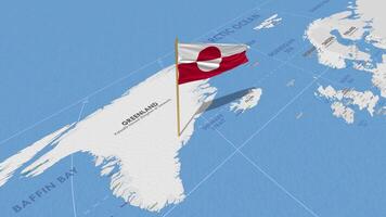 Groenland drapeau agitant avec le monde carte, sans couture boucle dans vent, 3d le rendu video