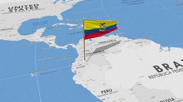 Ecuador vlag golvend met de wereld kaart, naadloos lus in wind, 3d renderen video
