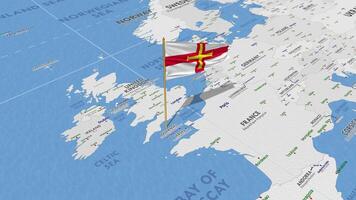 Guernsey Flag Waving with The World Map, Seamless Loop in Wind, 3D Rendering video