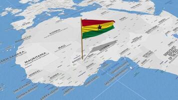 Ghana bandera ondulación con el mundo mapa, sin costura lazo en viento, 3d representación video