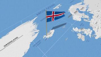 Islandia bandera ondulación con el mundo mapa, sin costura lazo en viento, 3d representación video