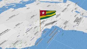 Togo Flag Waving with The World Map, Seamless Loop in Wind, 3D Rendering video