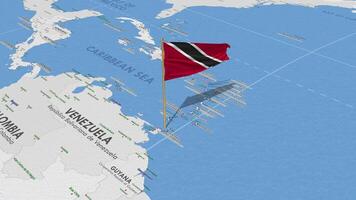 trinidad e tobago bandiera agitando con il mondo carta geografica, senza soluzione di continuità ciclo continuo nel vento, 3d interpretazione video