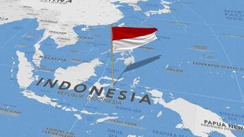 Indonesië vlag golvend met de wereld kaart, naadloos lus in wind, 3d renderen video