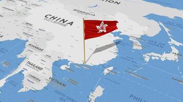 Hong Kong Flag Waving with The World Map, Seamless Loop in Wind, 3D Rendering video