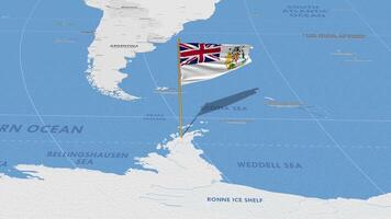 británico antártico territorio bandera ondulación con el mundo mapa, sin costura lazo en viento, 3d representación video