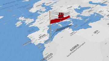 Gibraltar Flag Waving with The World Map, Seamless Loop in Wind, 3D Rendering video