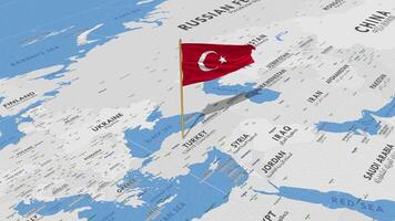 Turquía bandera ondulación con el mundo mapa, sin costura lazo en viento, 3d representación video