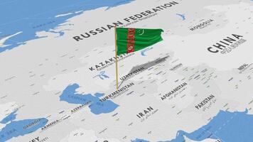 Turkmenistán bandera ondulación con el mundo mapa, sin costura lazo en viento, 3d representación video