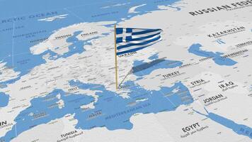 Grécia bandeira acenando com a mundo mapa, desatado ciclo dentro vento, 3d Renderização video