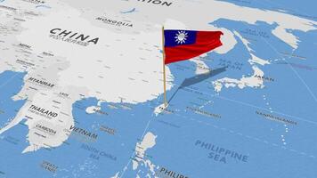 Taiwan bandiera agitando con il mondo carta geografica, senza soluzione di continuità ciclo continuo nel vento, 3d interpretazione video