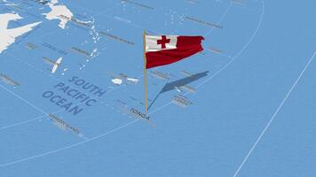 Tonga Flag Waving with The World Map, Seamless Loop in Wind, 3D Rendering video