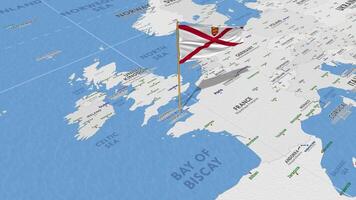 Bailiwick of Jersey Flag Waving with The World Map, Seamless Loop in Wind, 3D Rendering video