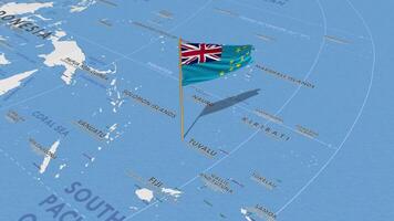 tuvalu bandiera agitando con il mondo carta geografica, senza soluzione di continuità ciclo continuo nel vento, 3d interpretazione video