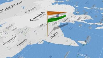 India bandiera agitando con il mondo carta geografica, senza soluzione di continuità ciclo continuo nel vento, 3d interpretazione video