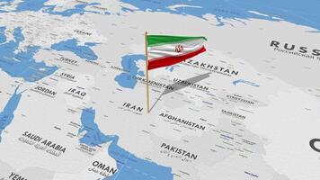 Iran Flag Waving with The World Map, Seamless Loop in Wind, 3D Rendering video