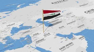Iraq bandiera agitando con il mondo carta geografica, senza soluzione di continuità ciclo continuo nel vento, 3d interpretazione video