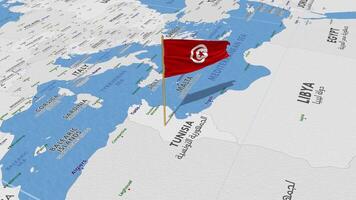 tunisia bandiera agitando con il mondo carta geografica, senza soluzione di continuità ciclo continuo nel vento, 3d interpretazione video