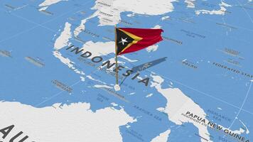 Osten Timor Flagge winken mit das Welt Karte, nahtlos Schleife im Wind, 3d Rendern video