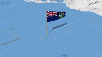 Pitcairn Inseln Flagge winken mit das Welt Karte, nahtlos Schleife im Wind, 3d Rendern video