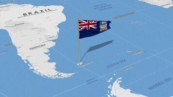 Falkland îles drapeau agitant avec le monde carte, sans couture boucle dans vent, 3d le rendu video