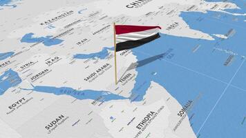 Yemen bandera ondulación con el mundo mapa, sin costura lazo en viento, 3d representación video