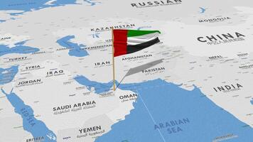 unito arabo Emirates bandiera agitando con il mondo carta geografica, senza soluzione di continuità ciclo continuo nel vento, 3d interpretazione video