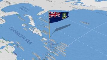 británico Virgen islas, bvi bandera ondulación con el mundo mapa, sin costura lazo en viento, 3d representación video