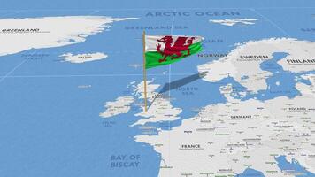 Wales vlag golvend met de wereld kaart, naadloos lus in wind, 3d renderen video