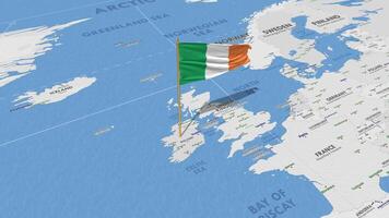 Irlanda bandeira acenando com a mundo mapa, desatado ciclo dentro vento, 3d Renderização video